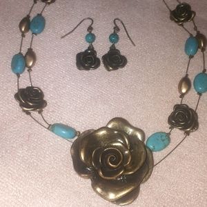 Brass rose necklace with earrings